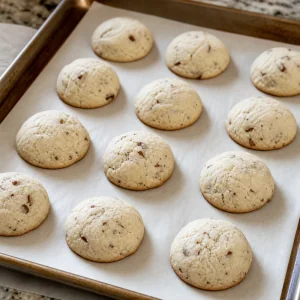 Biscoitos bola de neve de pecan assados ainda claros e firmes na assadeira sem dourar