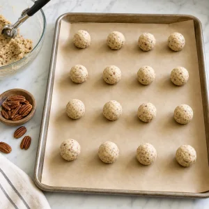 Massa de biscoito de pecan enrolada em bolinhas e espacada em assadeira com papel manteiga