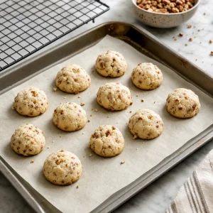Biscoitos de pecan ainda mornos esfriando brevemente na assadeira forrada