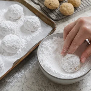 Biscoitos bola de neve de pecan mornos passados generosamente no acucar de confeiteiro