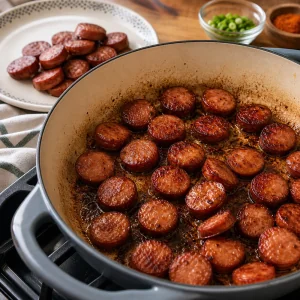 Fette di andouille rosolate in una casseruola