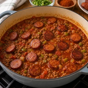 Fette di andouille che sobbollono nel sugo Creole con manzo