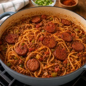 Condimento Cajun sparso su spaghetti al sugo con andouille