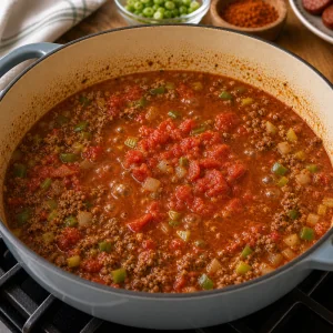 Salsa di pomodoro Creole che sobbolle con manzo e verdure