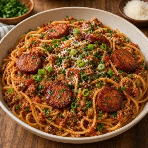 Spaghetti dirty Cajun finiti con erbe e parmigiano