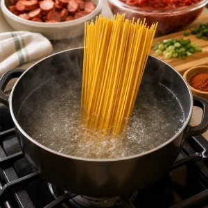 Spaghetti immersi in una pentola di acqua bollente