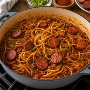 Spaghetti mescolati al sugo Creole con andouille e manzo
