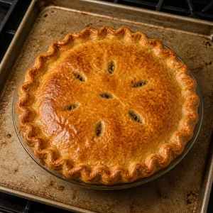 Deep golden baked tourtiere bubbling through the vents