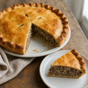Tourtière canadese finita con una fetta su un piatto