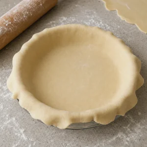 Rolled pie dough fitted into a pie plate with overhanging edges