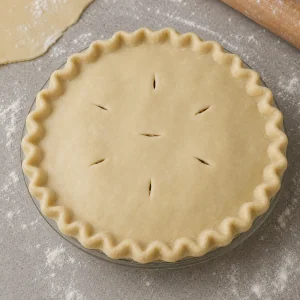 Unbaked top crust sealed with a crimped edge and small vents