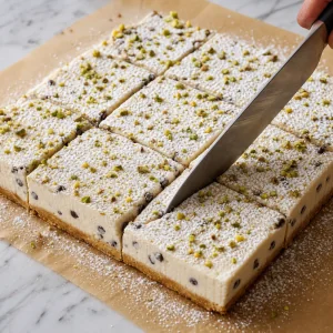 Plancha fría de cannoli espolvoreada y cortada en cuadrados