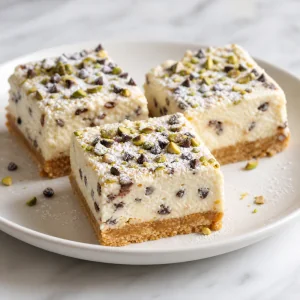 Cuadrados de cannoli servidos con pistachos y azúcar glas