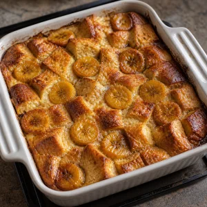 Baked bread pudding with a golden top and banana slices