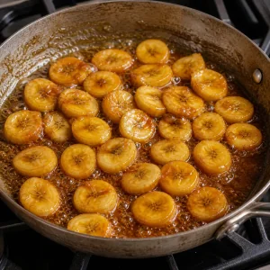 Banana slices bubbling in brown sugar caramel