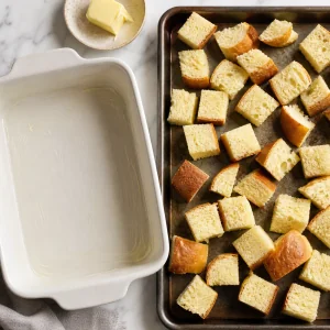 Bread cubes on a sheet pan beside a buttered baking dish