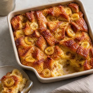Finished caramelized banana bread pudding in a baking dish