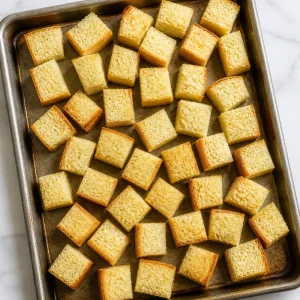 Lightly toasted bread cubes on a baking sheet