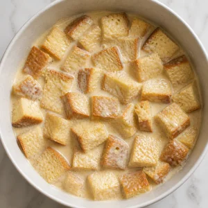 Toasted bread cubes soaking in vanilla custard