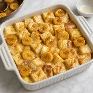 Unbaked bread pudding layered with caramelized bananas