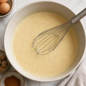 Vanilla custard mixture in a bowl with a whisk