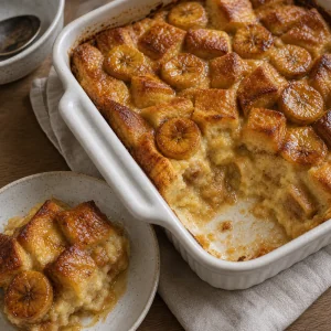Warm bread pudding served with one spooned portion