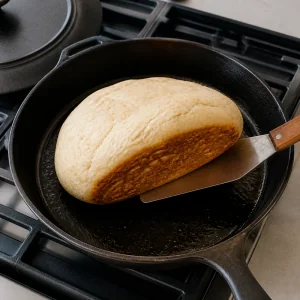 Pan de coco cocinándose en una sartén con un lado dorado visible