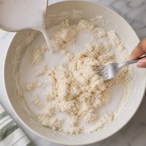 Leche de coco mezclándose con harina para formar una masa irregular