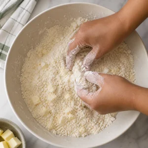 Mantequilla fría frotada con harina hasta que la mezcla parece arenosa