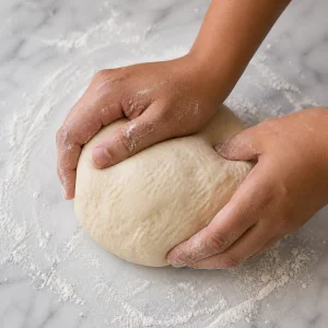 Masa suave amasándose con cuidado sobre una superficie enharinada