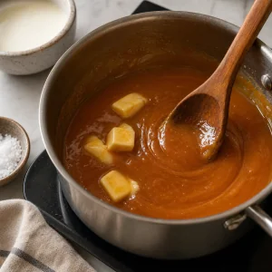 Amber caramel cooking in a saucepan