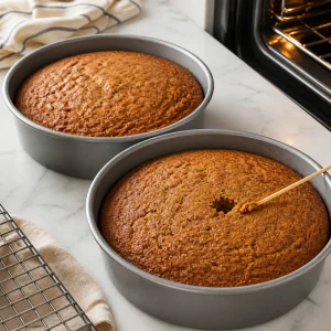 Baked carrot cake layers in round pans