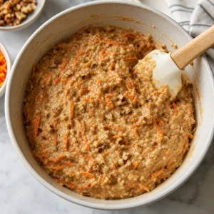 Carrot cake batter with grated carrots and walnuts