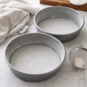 Prepared round cake pans lined with parchment