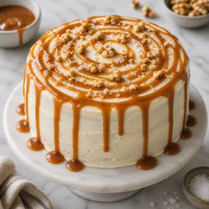 Salted caramel drizzled over a frosted carrot cake