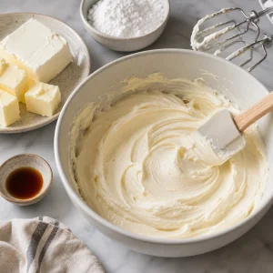 Smooth cream cheese frosting in a bowl