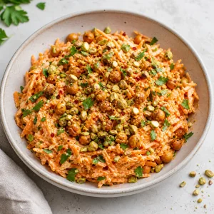 Carrot salad topped with crispy chickpeas, pistachios, and parsley