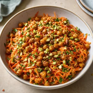Finished carrot salad with crispy chickpeas and chopped pistachios
