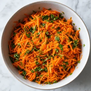 Grated carrots mixed with chopped parsley in a bowl