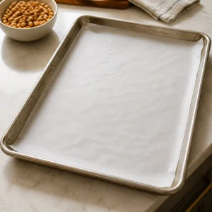Parchment-lined baking sheet ready for chickpeas
