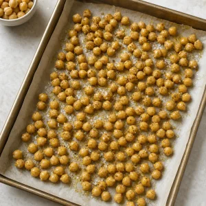 Seasoned chickpeas spread on a parchment-lined baking sheet