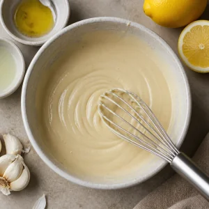Smooth tahini dressing in a bowl with a whisk