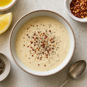 Tahini dressing sprinkled with red pepper flakes and black pepper