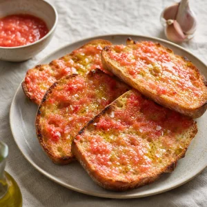 Finished Catalan tomato bread with olive oil and flaky salt