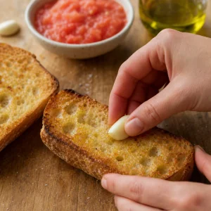 Diente de ajo frotado sobre pan tostado caliente