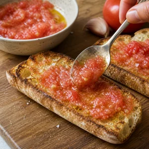 Tomate rallado puesto con cuchara sobre tostada frotada con ajo