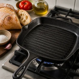 Sartén grill precalentándose para pan con tomate