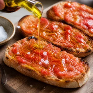 Aceite de oliva rociado sobre tostada frotada con tomate