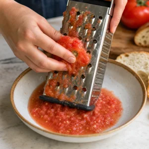Tomate maduro rallado en un cuenco bajo