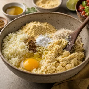 Cauliflower masa dough mixed with egg and spices in a bowl